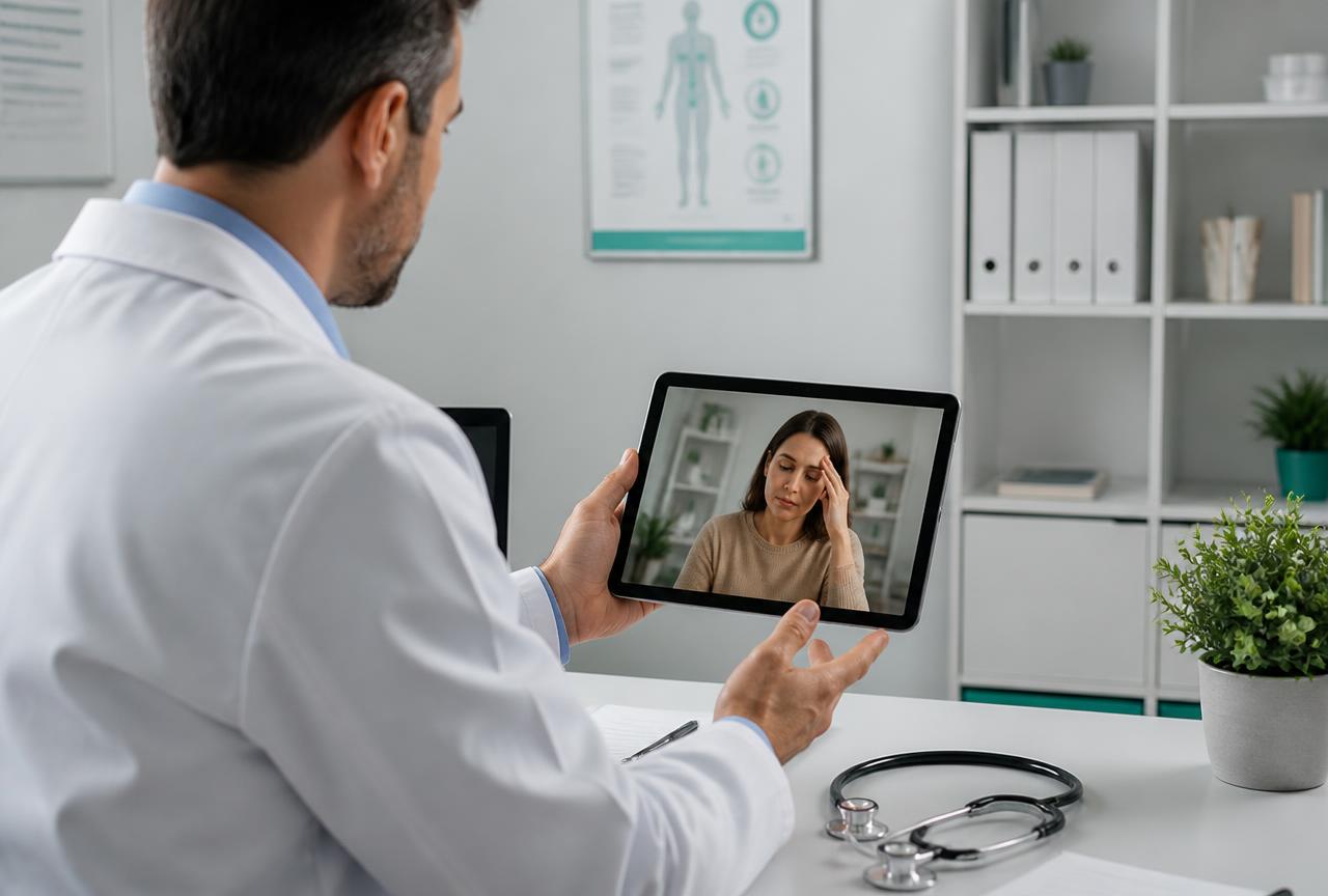 Médico especialista avaliando paciente em teleconsulta