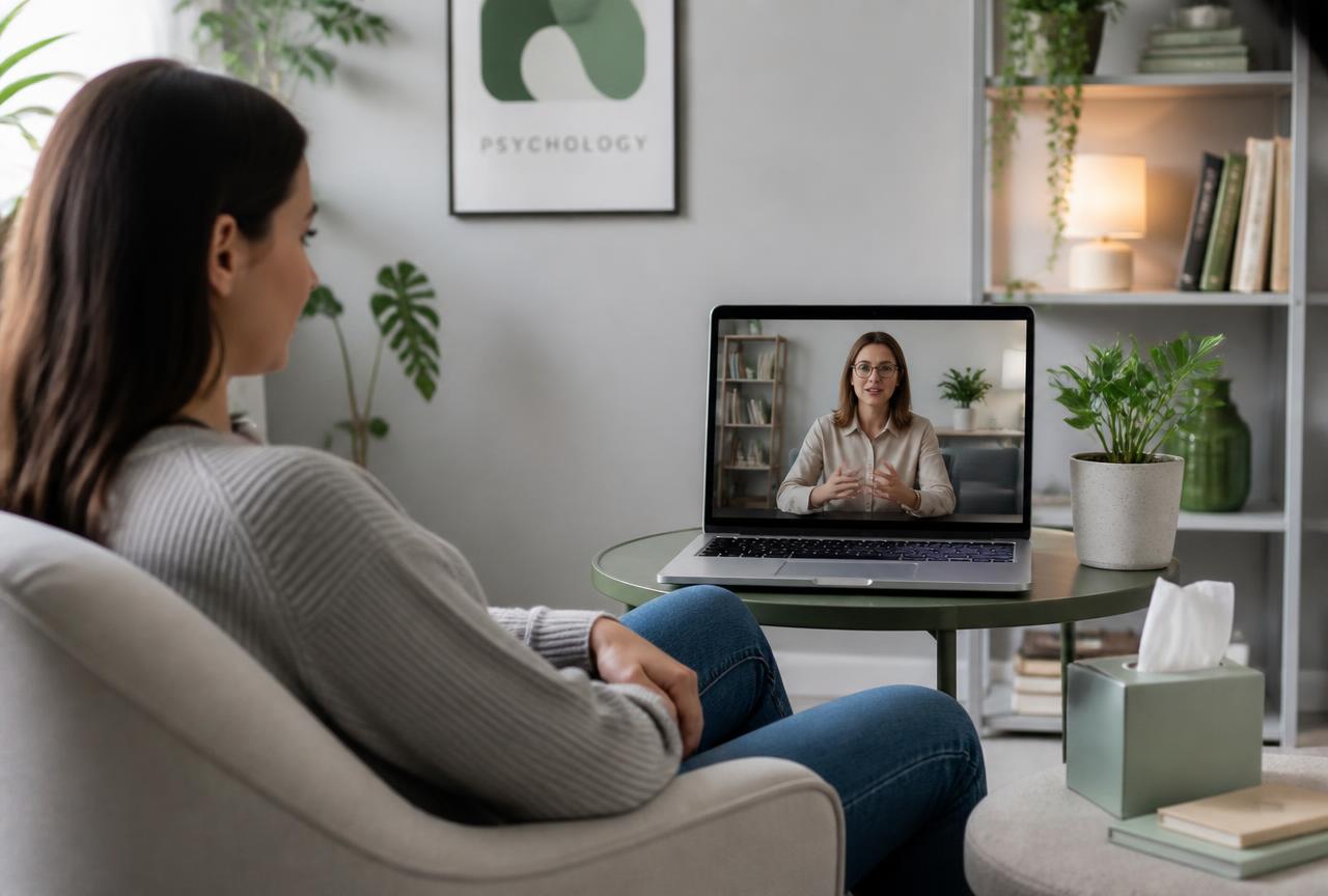 Sessão de psicologia online em ambiente doméstico tranquilo